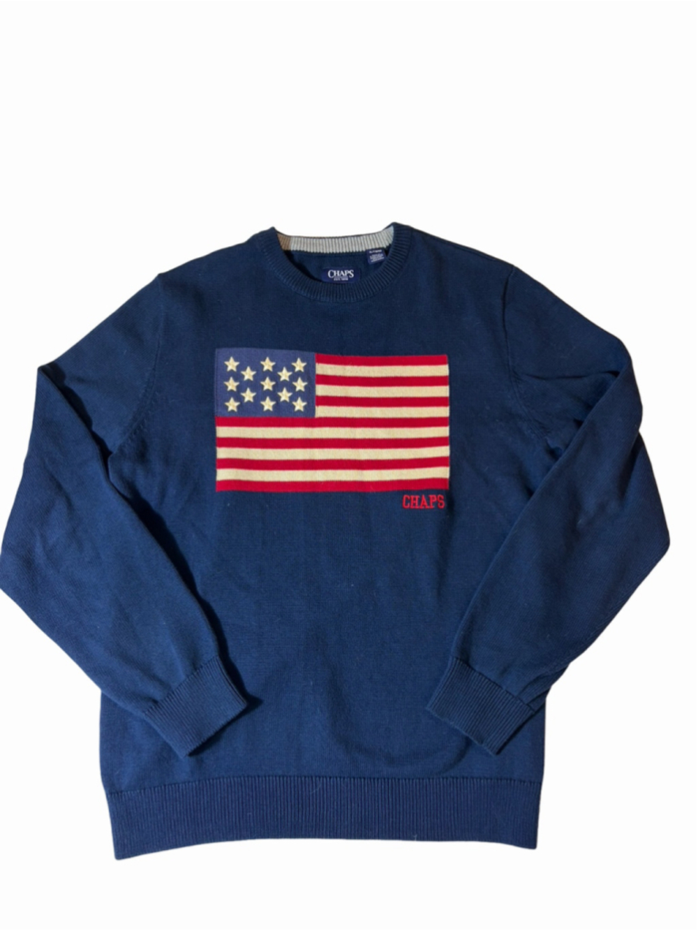 Chaps American Flag Cotton Crewneck Sweater Navy Blue Size XL